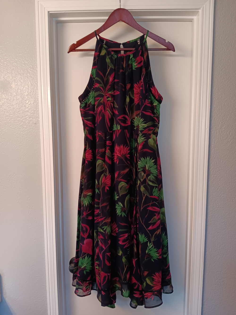 Just...Taylor Black Halter Midi Dress with Red & Green Floral Pattern